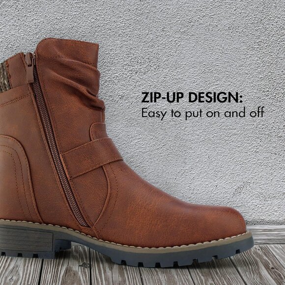 Hawkwell Womens Brown Fashion Combat Ankle Booties With Side Zipper Buckle - Picture 4 of 7